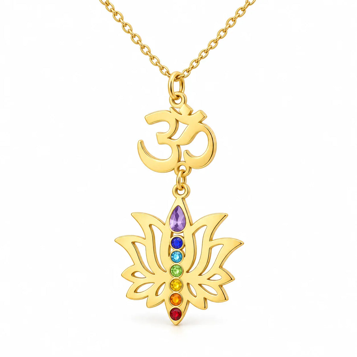 Collier Om et Lotus à Goutte Violette 7 Chakras Doré