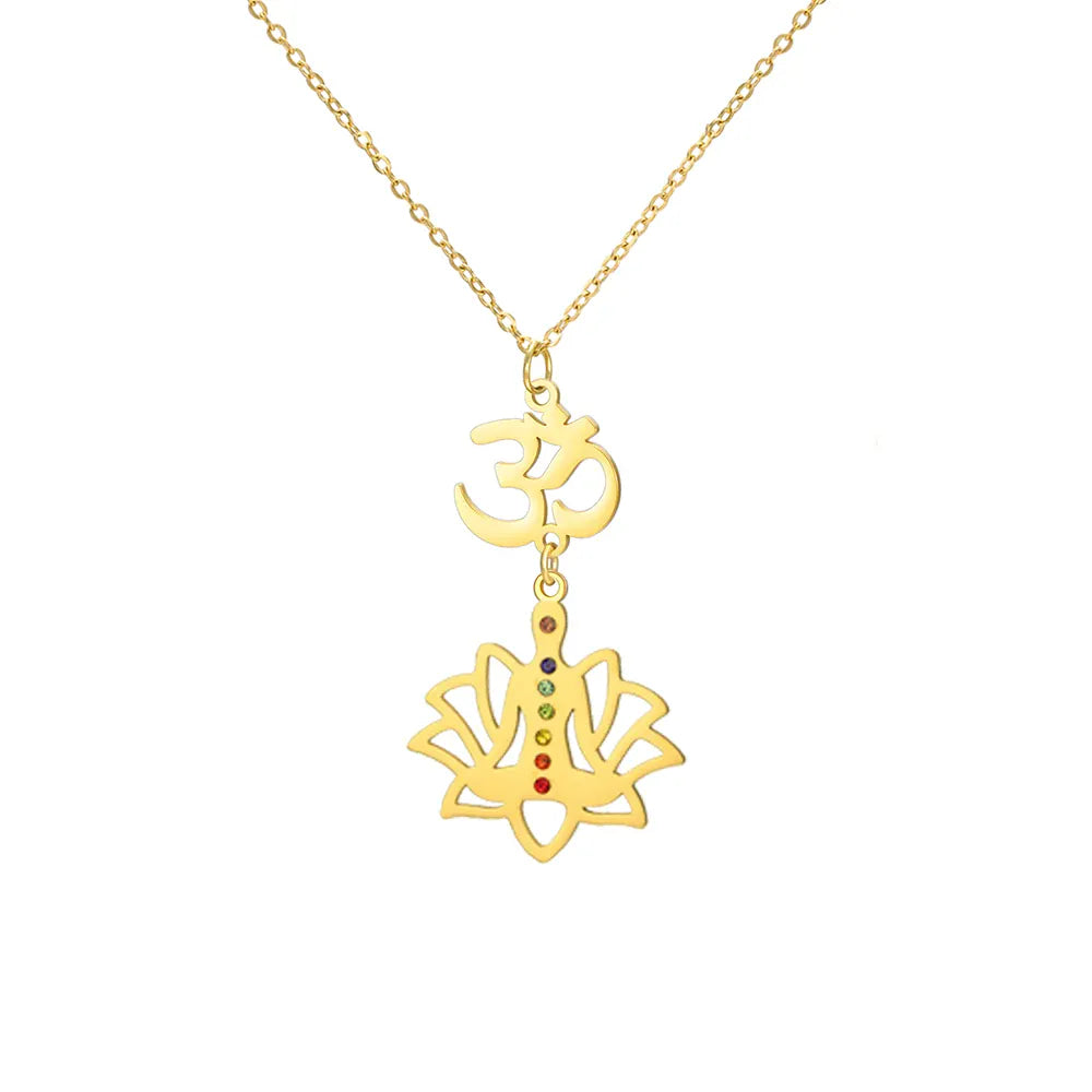 Collier Om et Yogi en Lotus 7 Chakras Doré