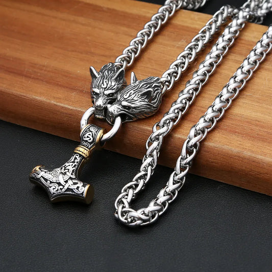 Collier pendentif marteau de Thor Vintage en acier inoxydable 316L, chaînes de quille tête de loup Viking pour hommes, bijoux nordiques amulette cadeaux