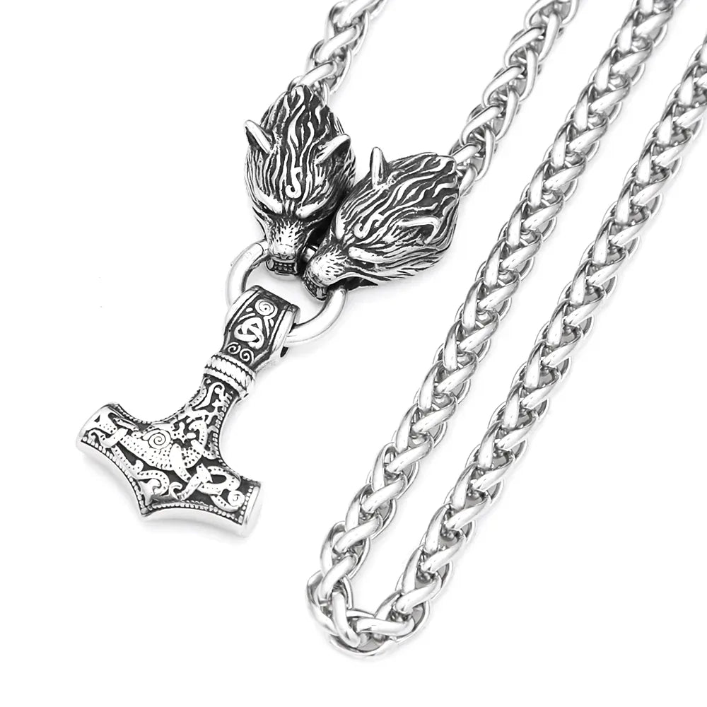Collier pendentif marteau de Thor Vintage en acier inoxydable 316L, chaînes de quille tête de loup Viking pour hommes, bijoux nordiques amulette cadeaux 60cm Chain