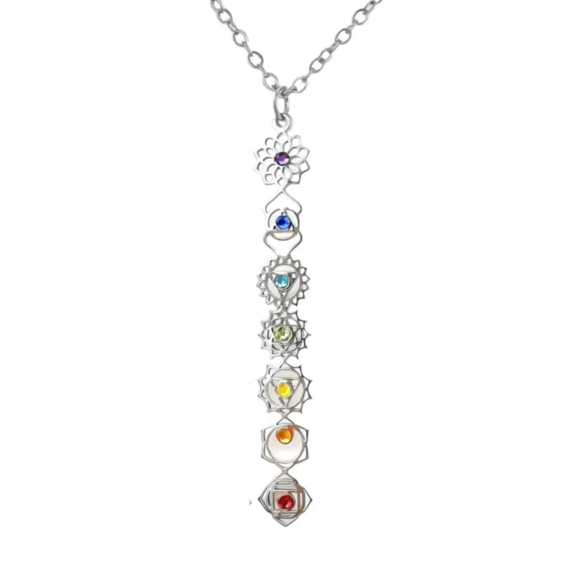 Collier Pendentif Vertical aux 7 Symboles des Chakras Argenté / 45 cm