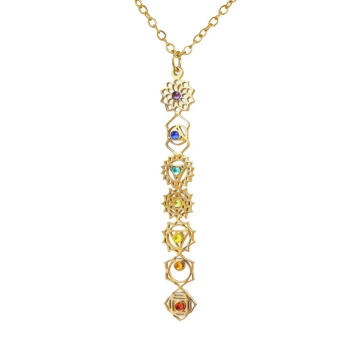 Collier Pendentif Vertical aux 7 Symboles des Chakras Doré / 45 cm