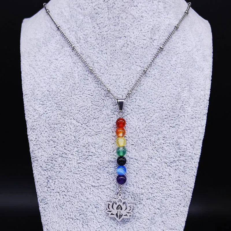 Collier Perles 7 Chakras et Lotus Ajouré Argenté