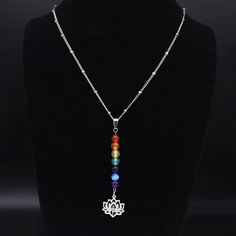 Collier Perles 7 Chakras et Lotus Ajouré Argenté