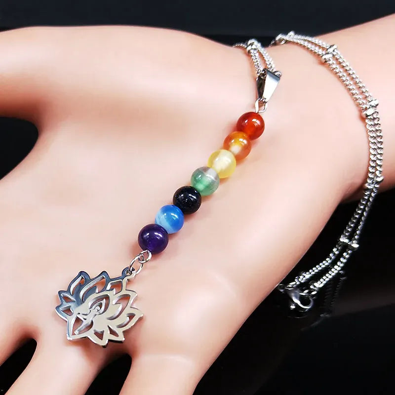 Collier Perles 7 Chakras et Lotus Ajouré Argenté