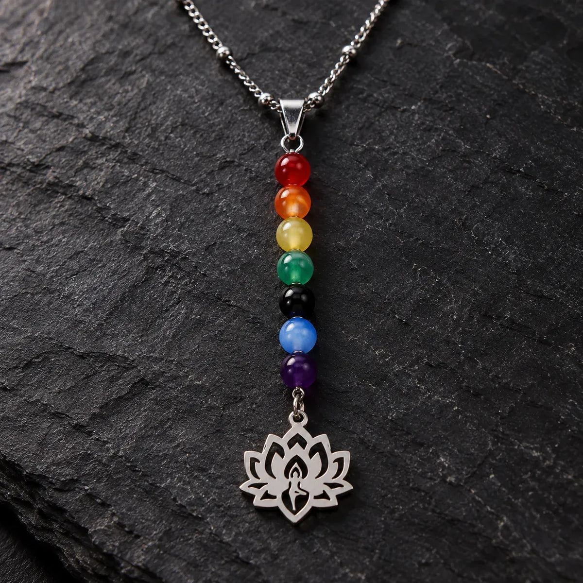 Collier Perles 7 Chakras et Lotus Ajouré Argenté