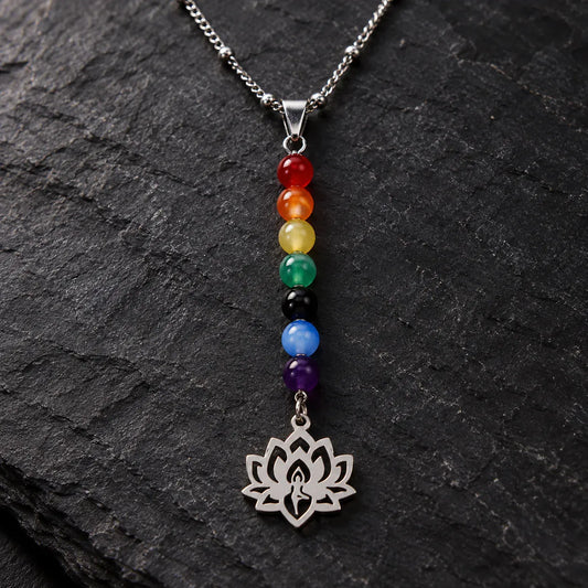Collier Perles 7 Chakras et Lotus Ajouré Argenté