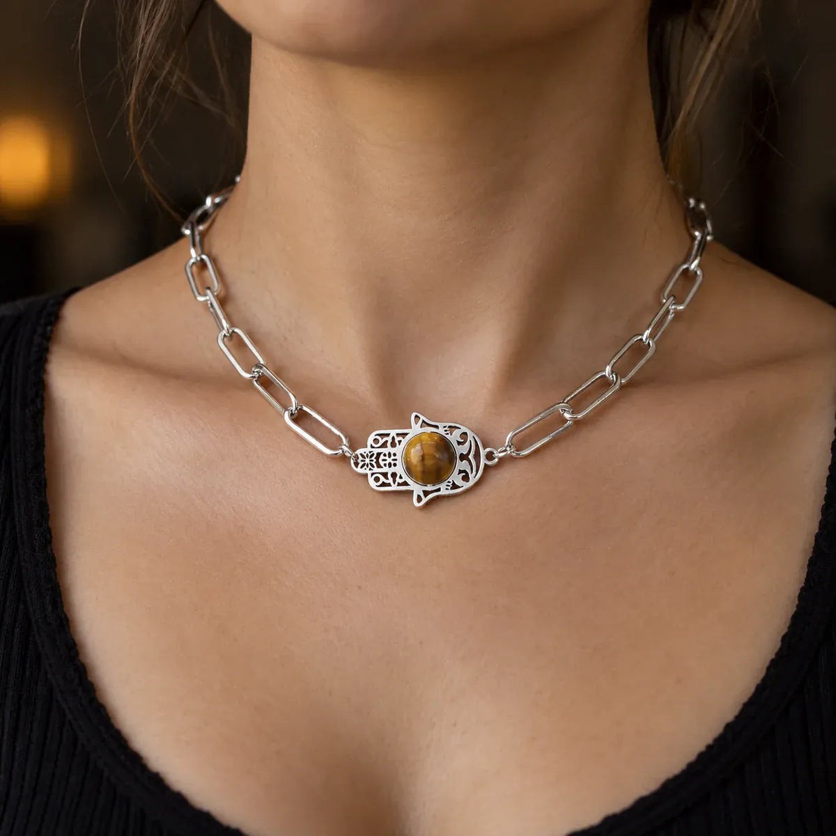 Collier Ras-de-Cou Maillons Main de Fatima Œil de Tigre