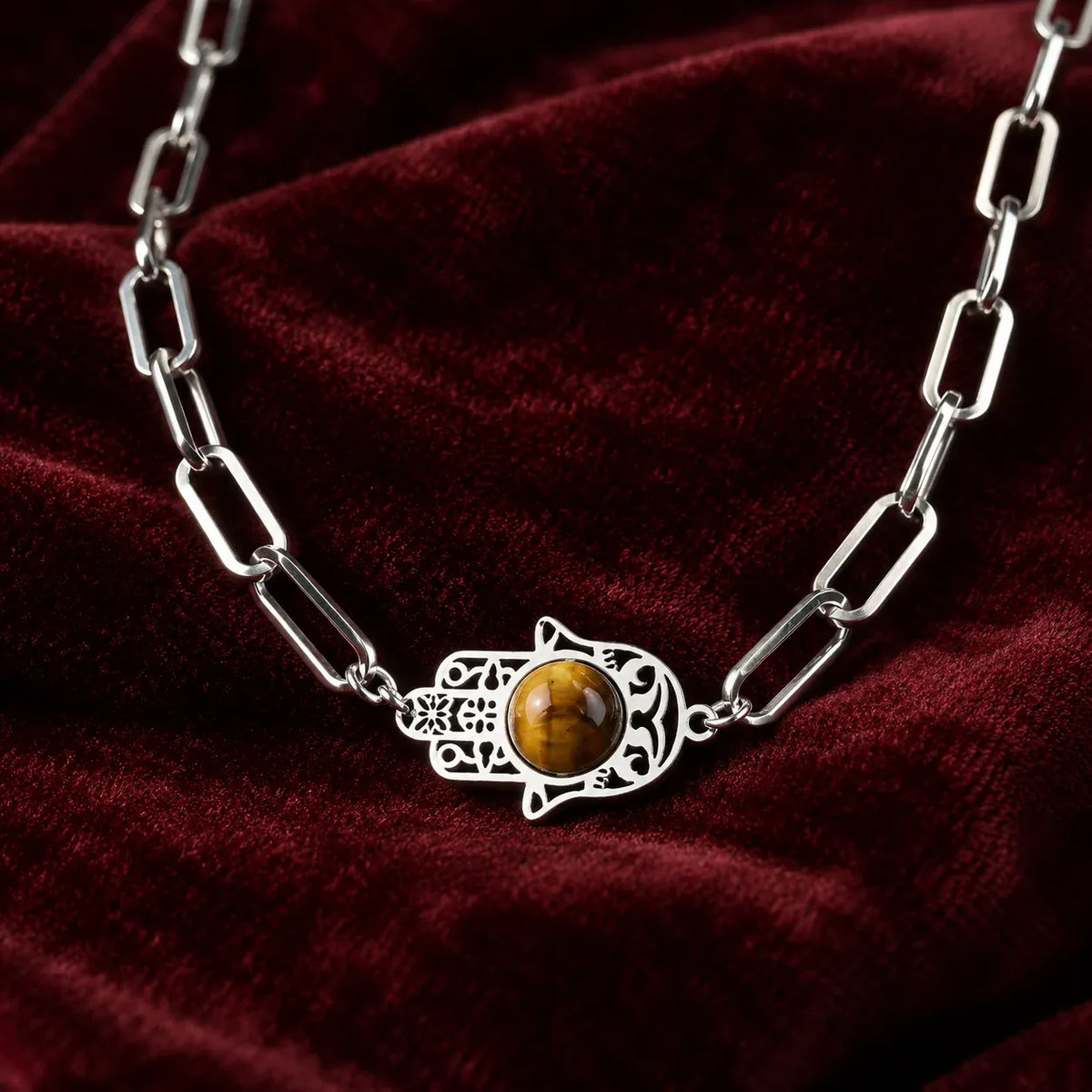 Collier Ras-de-Cou Maillons Main de Fatima Œil de Tigre