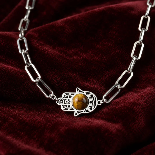 Collier Ras-de-Cou Maillons Main de Fatima Œil de Tigre