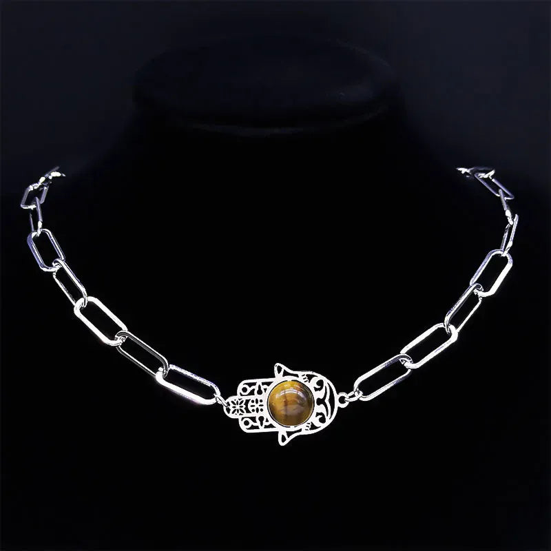 Collier Ras-de-Cou Maillons Main de Fatima Œil de Tigre Argenté