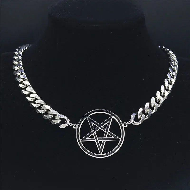 Collier Ras-du-Cou Pentagramme Inversé à Maille Cubaine