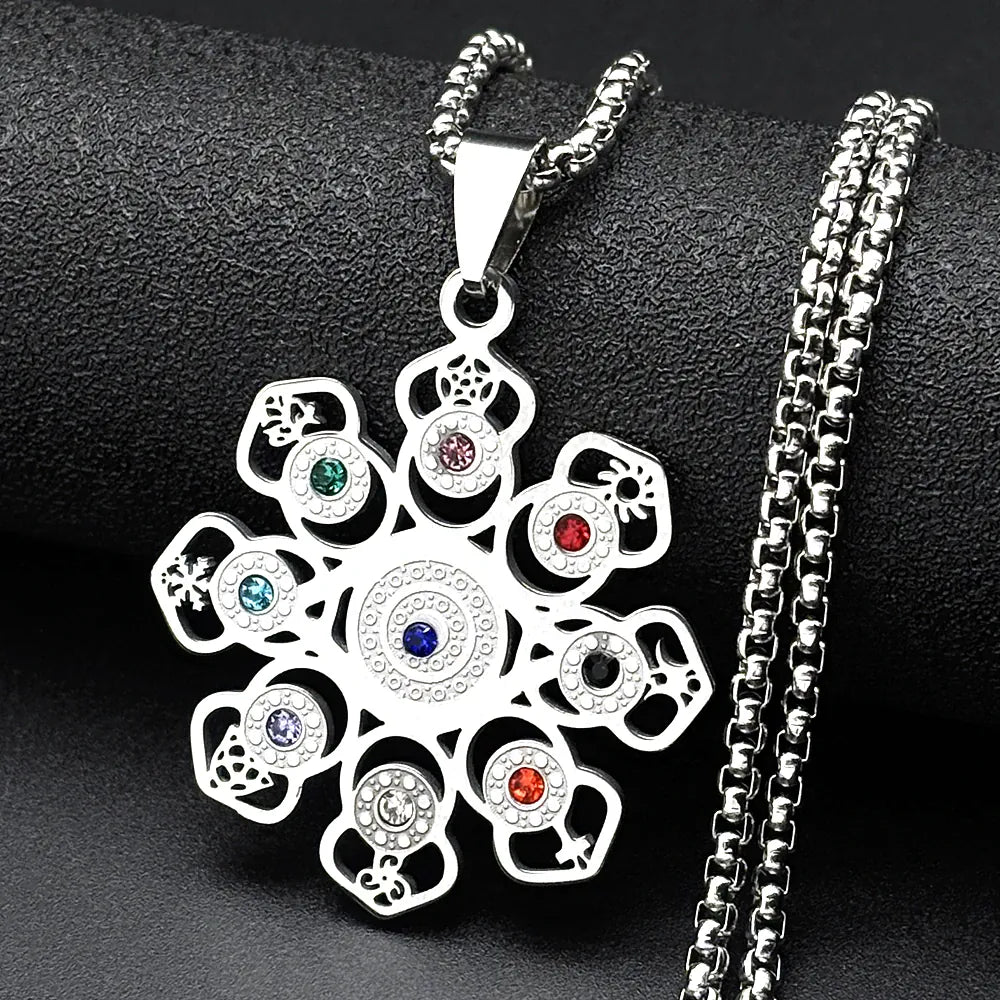 Collier Rosace Mandala Multi-Symboles à Strass Argenté