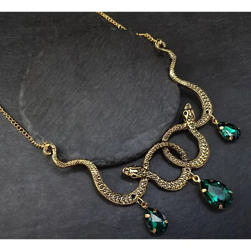 Collier Serpents Enlacés à Gouttes de Cristal
