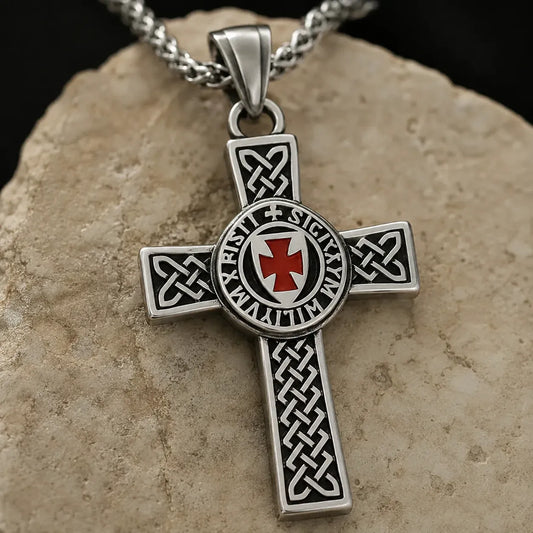 Collier templier pendentif croix pattée rouge médaillon blanc
