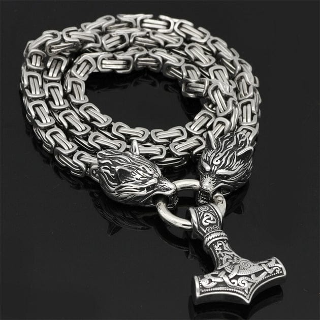 Collier Viking Fermoir têtes de loup Fenrir Argent / 50 cm