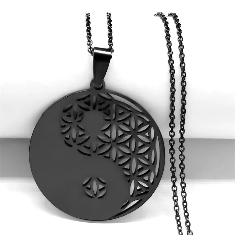 Collier Yin-Yang Fleur de Vie Noir