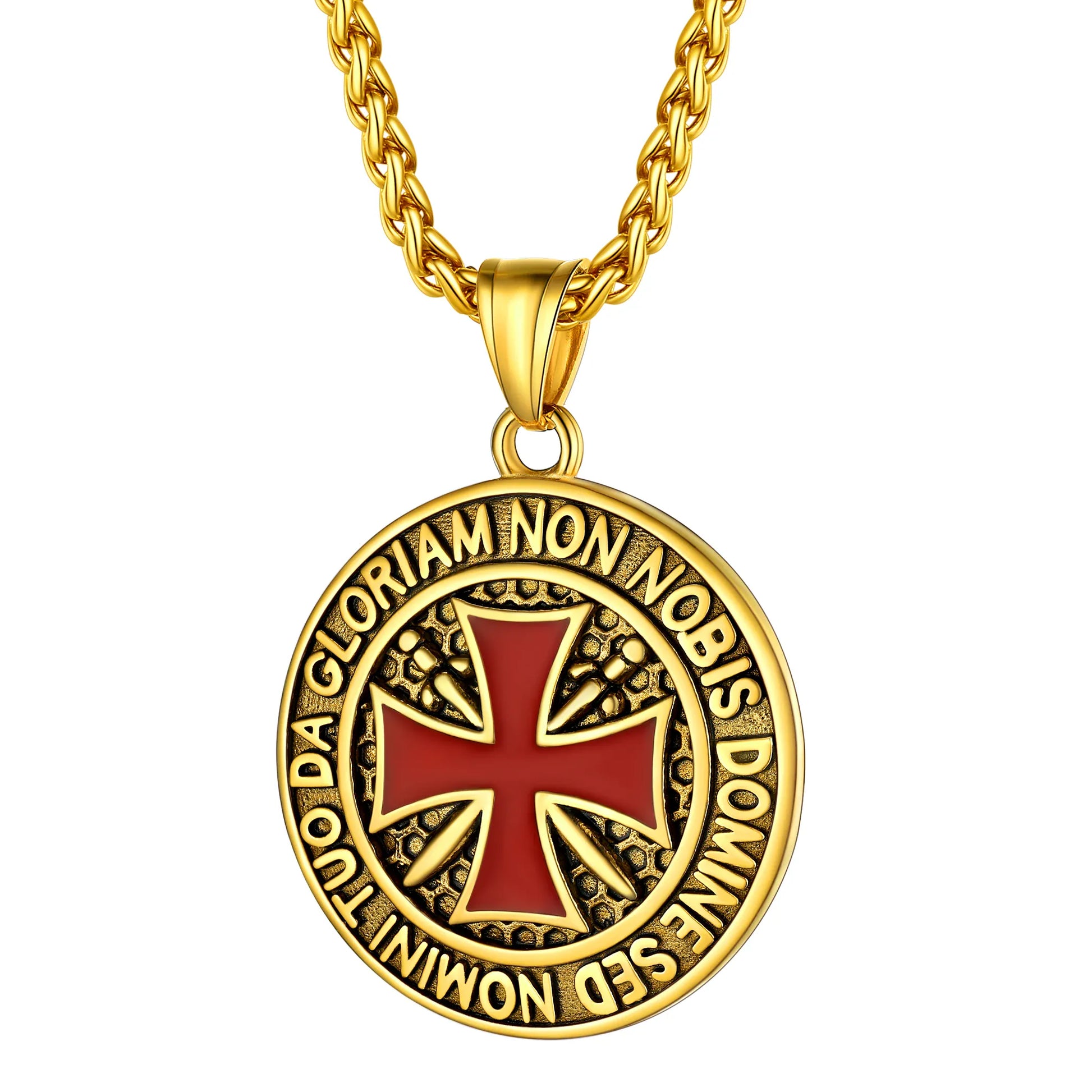 Colliers de la présidence du templier en acier inoxydable U7 pour hommes, étiquette de bouclier croisé de chevalier, amulette en relief 3D, symboles, chrétien, unisexe, cadeau de bijoux Round Gold