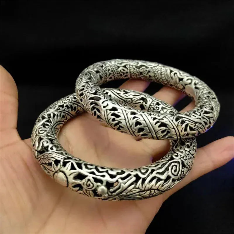 Mai Chuang/sculpté à la main/ciseau vieille argent tibétain creux sculpté Dragon Phoenix Bracelets exquis Bracelets hommes et femmes cadeau