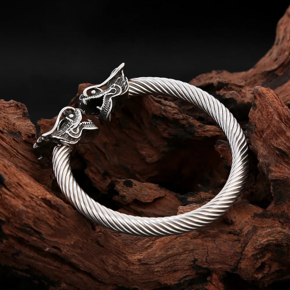 Jonc viking têtes de loup torsadé vintage, acier inoxydable 316L