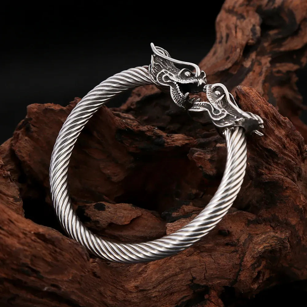 Jonc viking têtes de loup torsadé vintage, acier inoxydable 316L