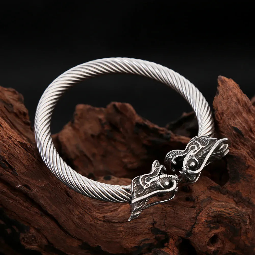 Jonc viking têtes de loup torsadé vintage, acier inoxydable 316L