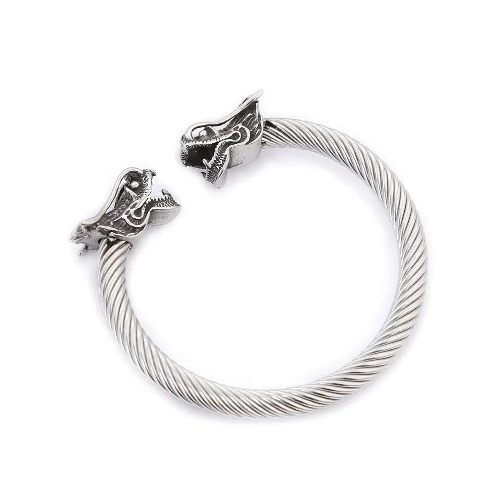 Jonc viking têtes de loup torsadé vintage, acier inoxydable 316L