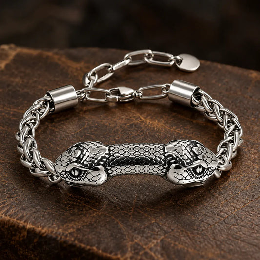 Bracelet Double Tête de Serpent sur Chaîne