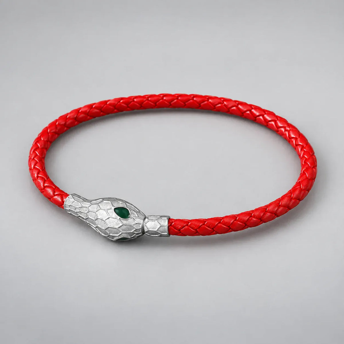 Bracelet Tressé Tête de Serpent — Rouge · argenté