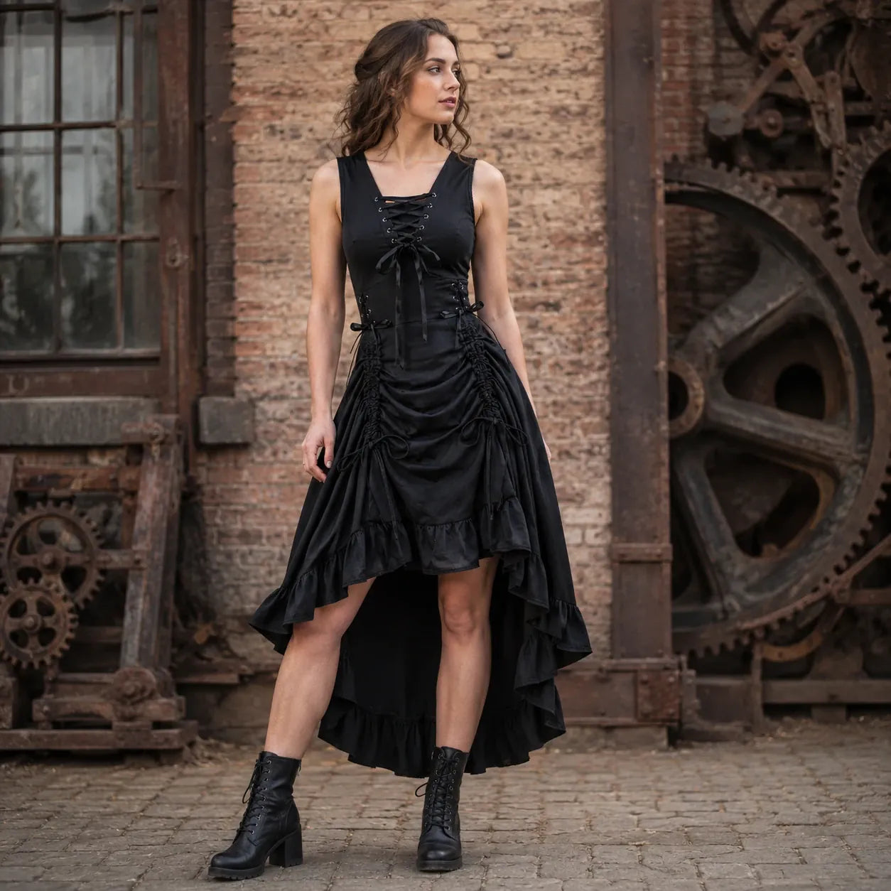 Robe corset noire a ourlet asymetrique portee dans un decor steampunk