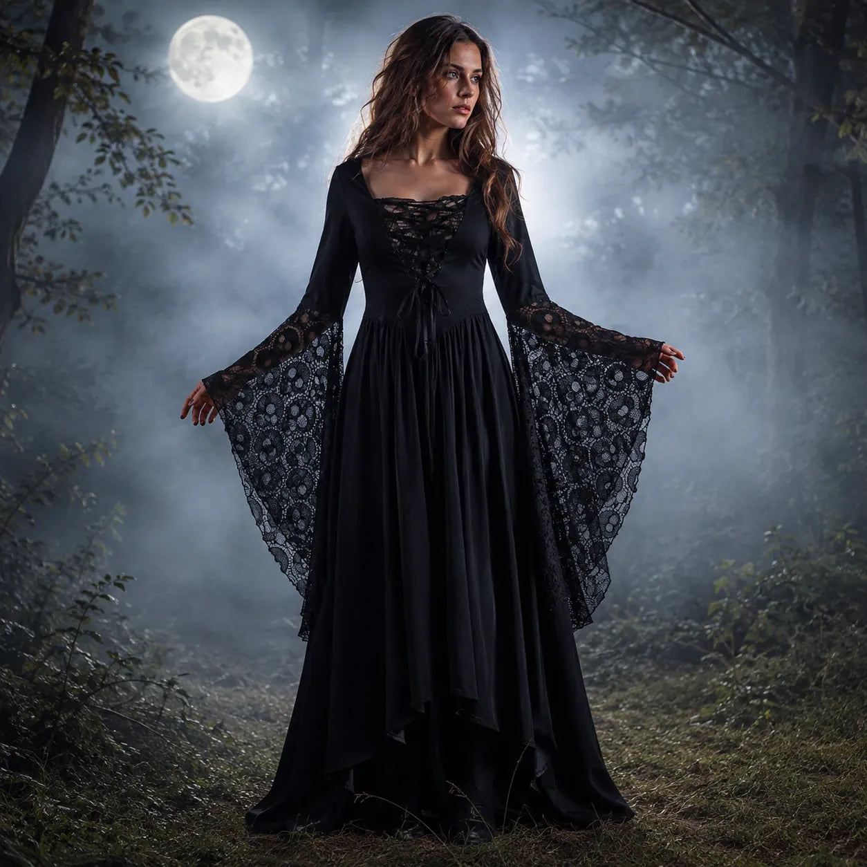 Robe gothique de sorciere noire a manches de dentelle portee dans une foret au clair de lune