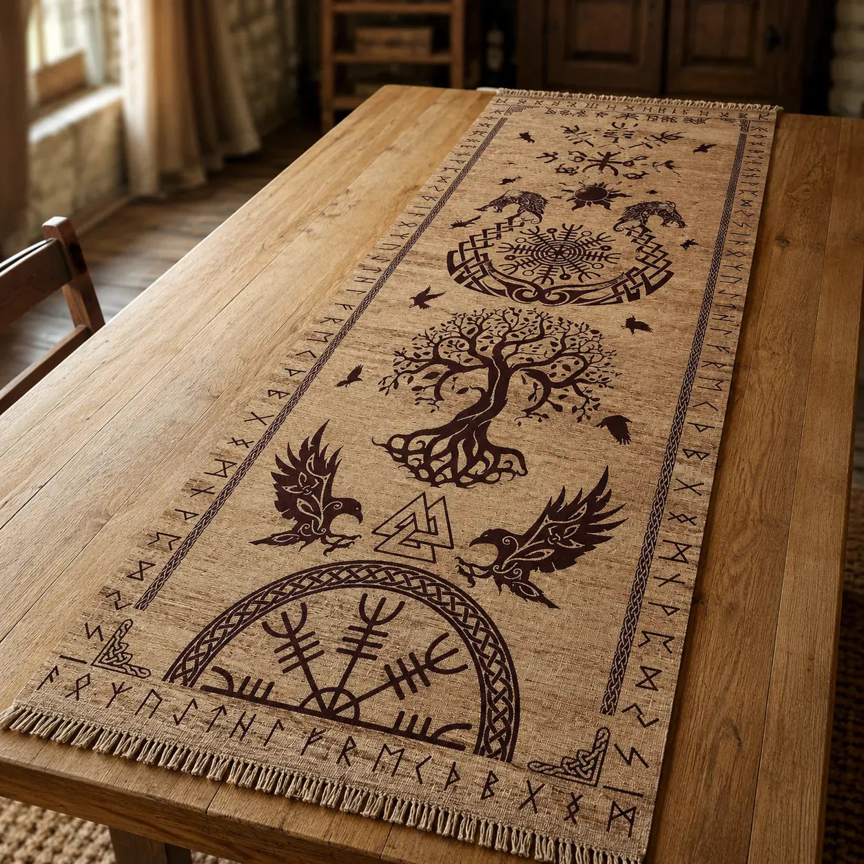 Chemin de table viking en lin motifs runiques - Mediefan