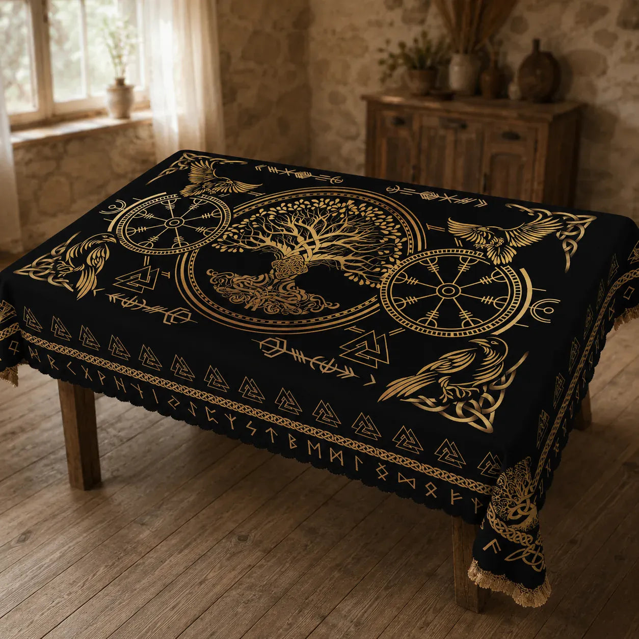 Nappe viking arbre de vie noire et doree - Mediefan