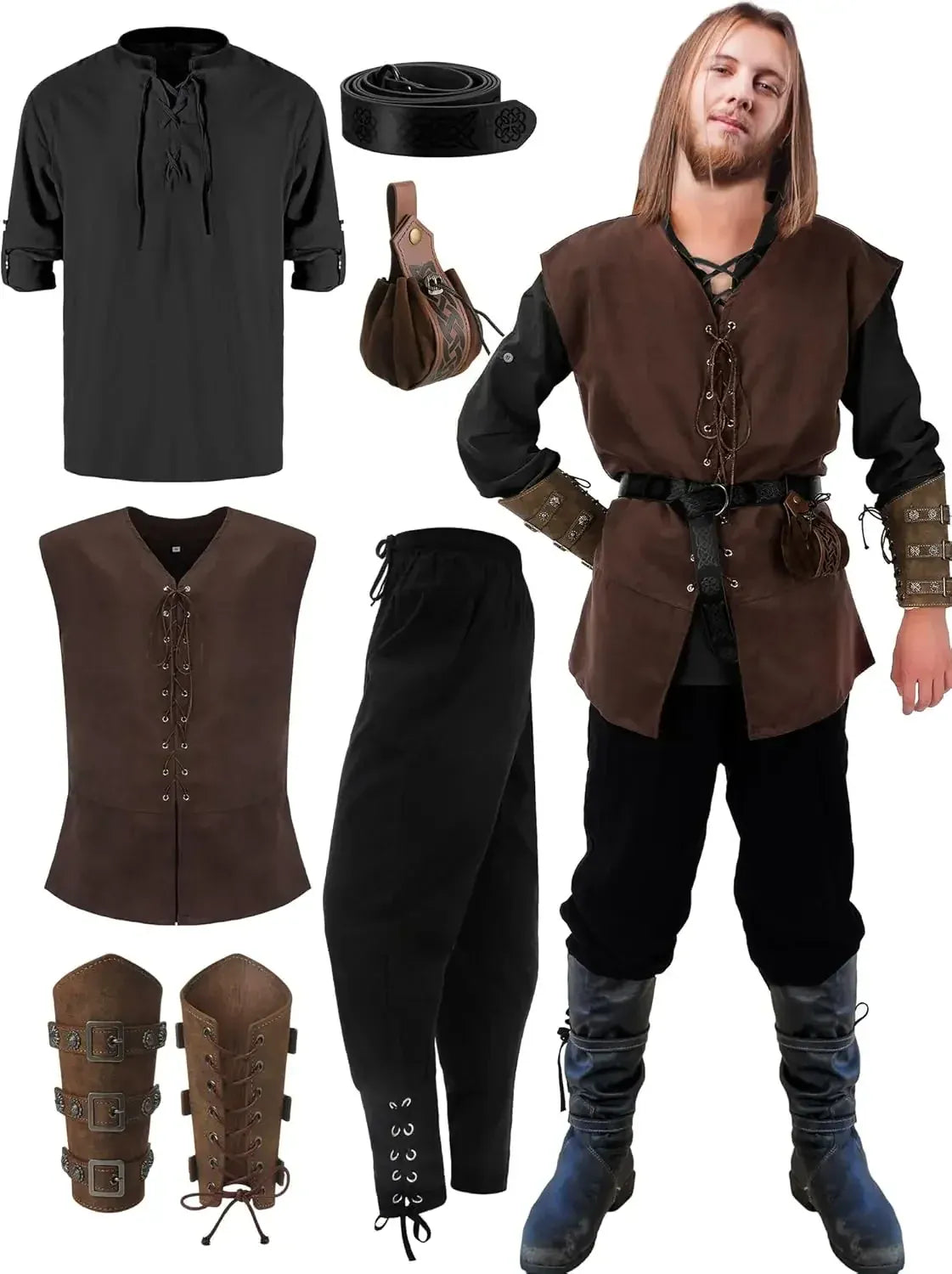 Tenue Médiévale Complète (6 Pièces) Chemise noire, gilet marron / M