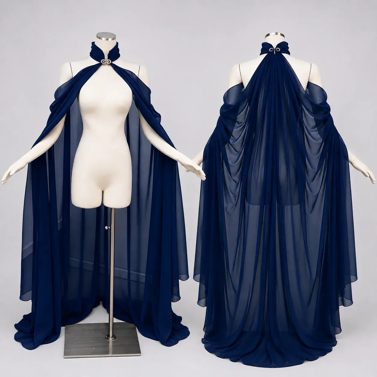 Voile de sorciere en mousseline bleu marine face et dos - Mediefan