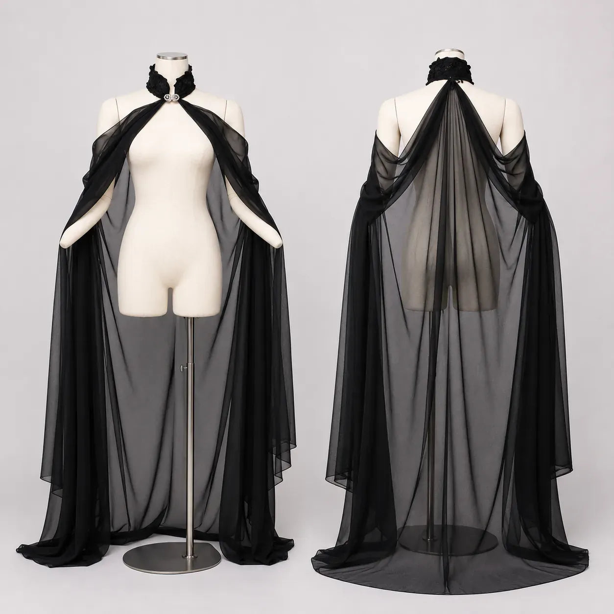 Voile de sorciere en mousseline noir face et dos - Mediefan